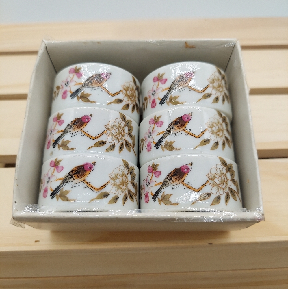 6 Vintage Ceramic Napkin Rings Made In Japan Bird Flower Butterfly
